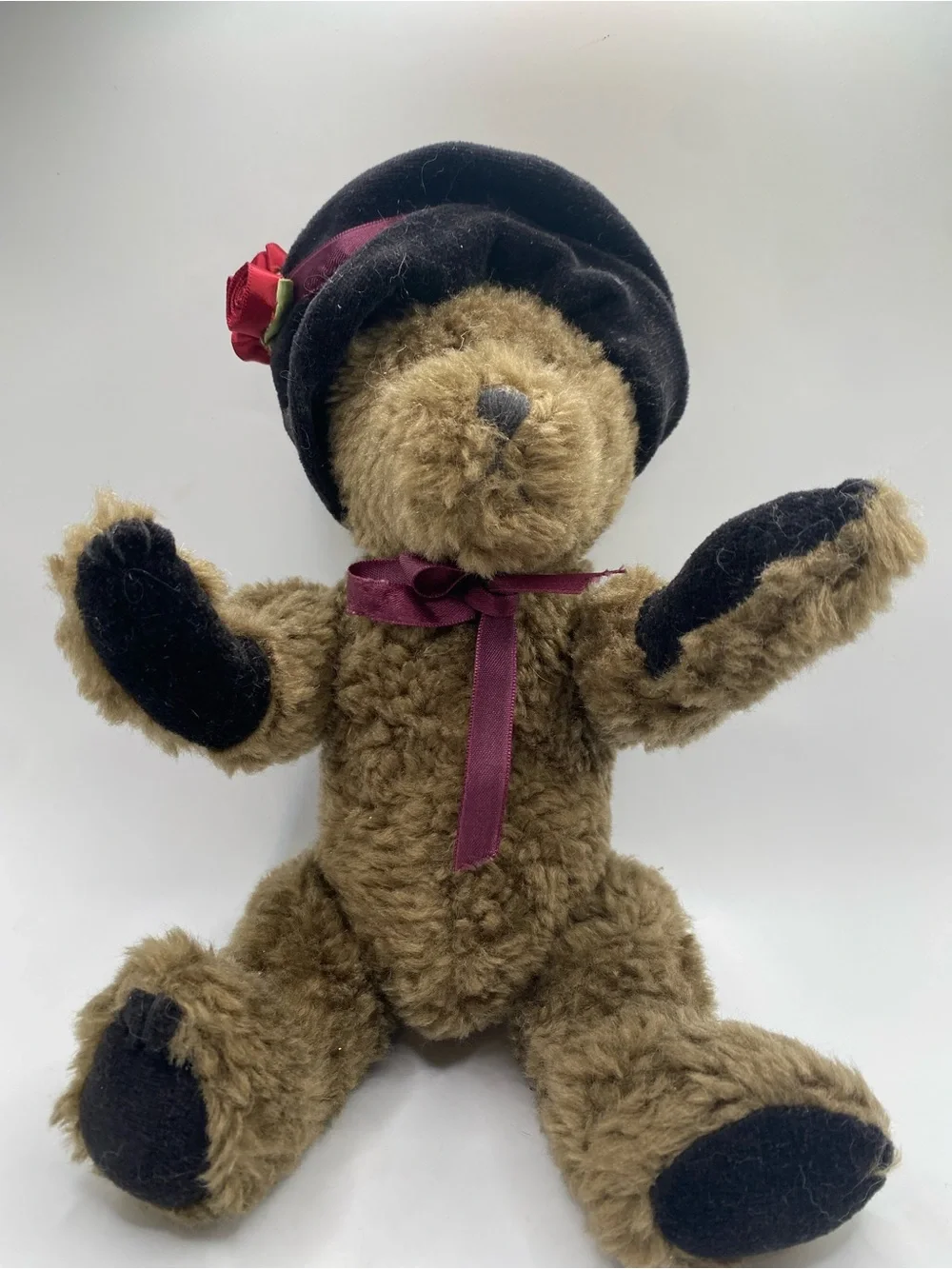 Boyds Bears Brown Plush Teddy with Black Accents and Burgundy Bow